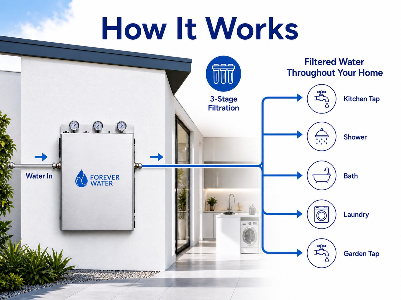 Whole house water filtration showing how filtered water reaches every tap